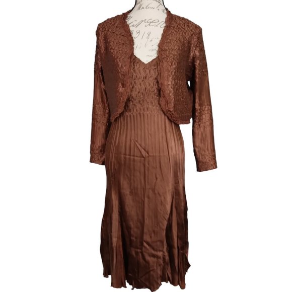 Komarov Dresses Komarov Nwt Accordion Pleat Jacket Dress Set Brown
